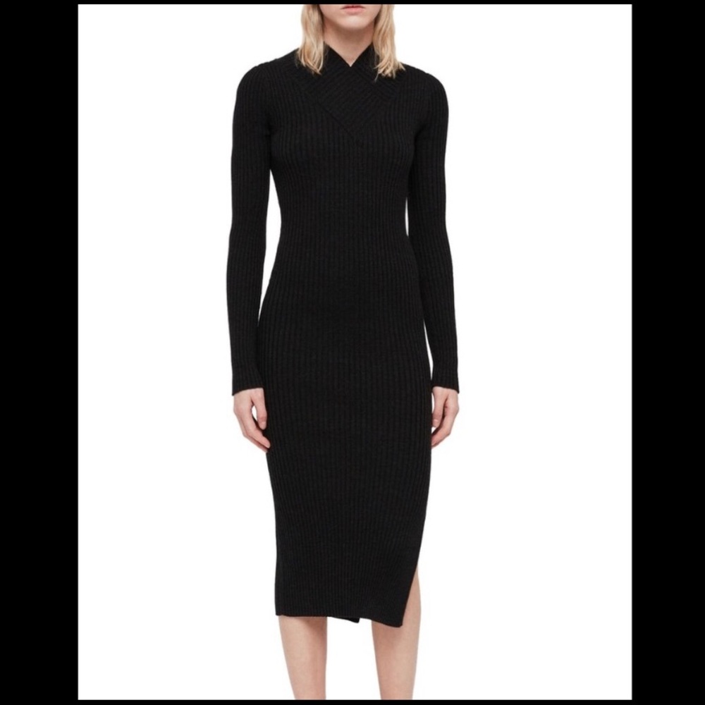 All Saints Vries black ribbed V neck dress Size Large